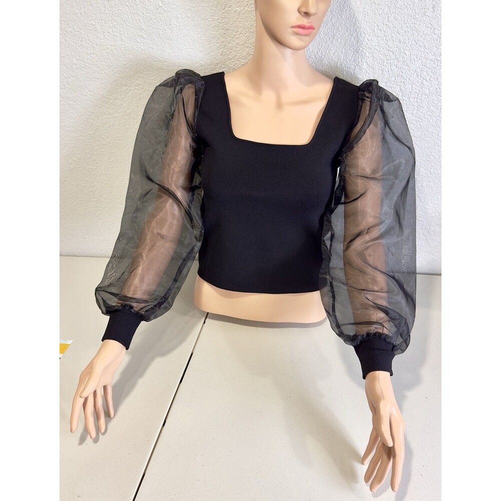 House of Harlow 1960 Women’s S Black Organza Puff Sleeve Knit Crop Top NWT